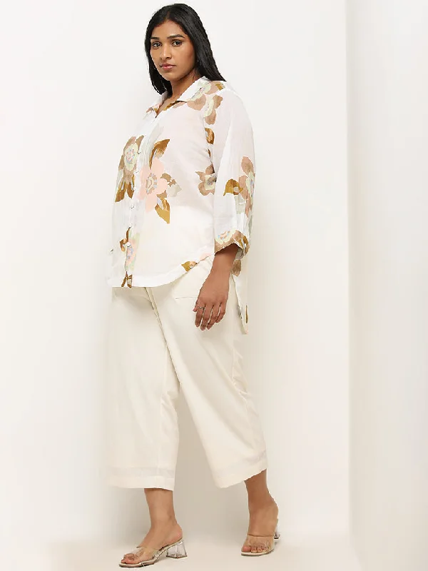 Gia White Floral Printed High-Low Cotton Shirt