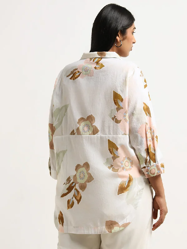 Gia White Floral Printed High-Low Cotton Shirt