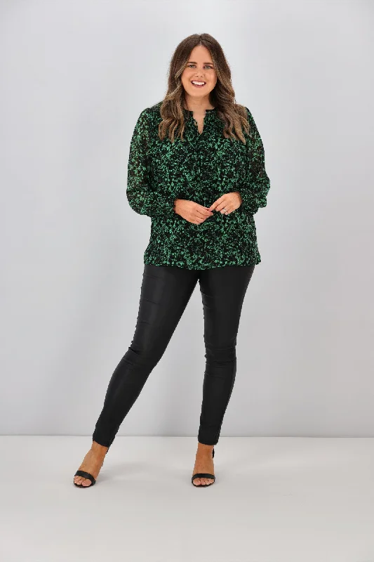 Gloss by Shine On Amelia Shirred Panel Top Black Green Floral