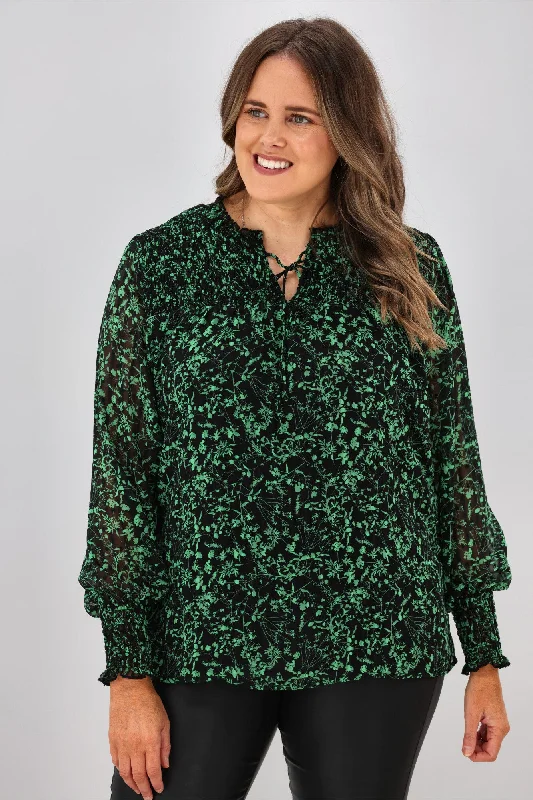 Gloss by Shine On Amelia Shirred Panel Top Black Green Floral