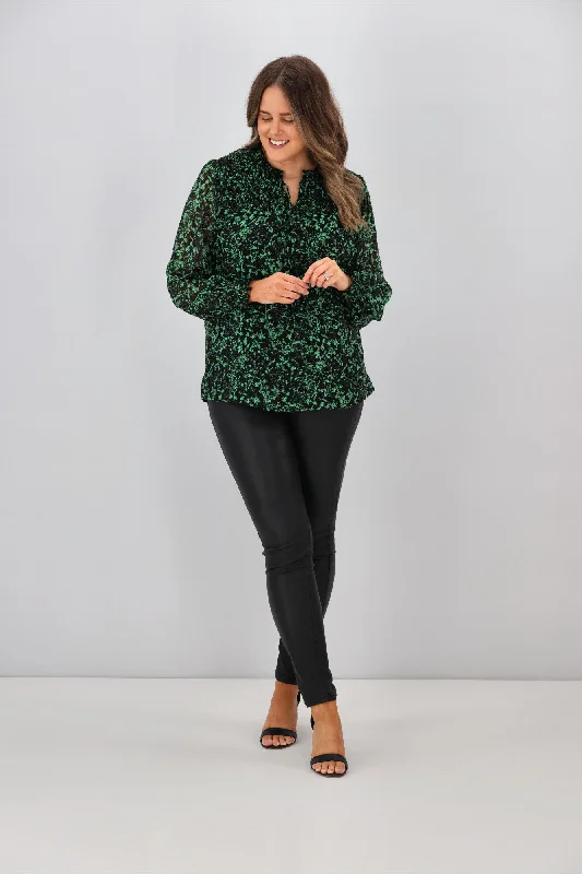 Gloss by Shine On Amelia Shirred Panel Top Black Green Floral