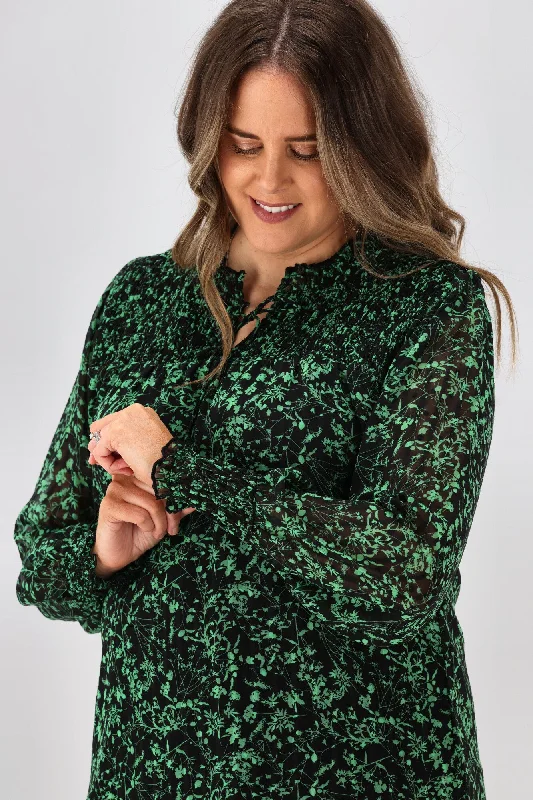 Gloss by Shine On Amelia Shirred Panel Top Black Green Floral