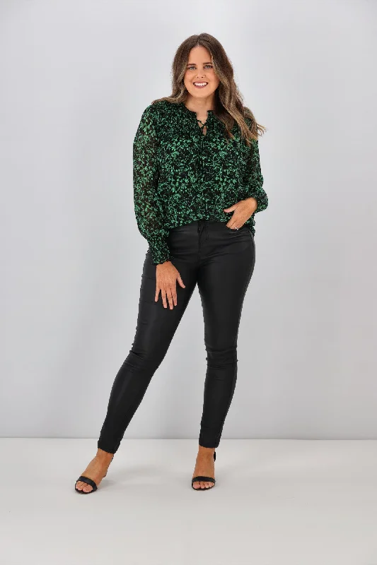 Gloss by Shine On Amelia Shirred Panel Top Black Green Floral