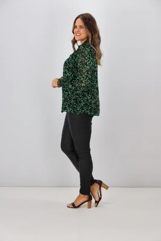 Gloss by Shine On Amelia Shirred Panel Top Black Green Floral