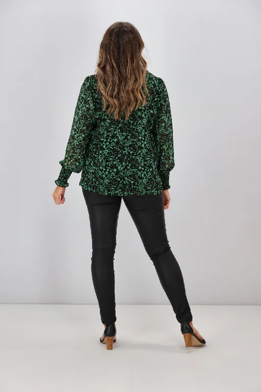 Gloss by Shine On Amelia Shirred Panel Top Black Green Floral