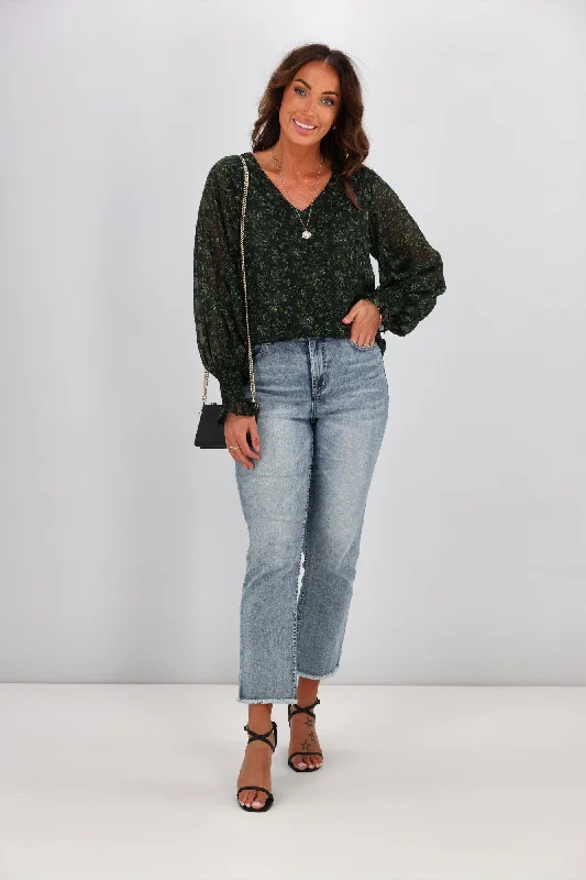 Gloss by Shine On Taneille Blouson Sleeve Top Green Floral