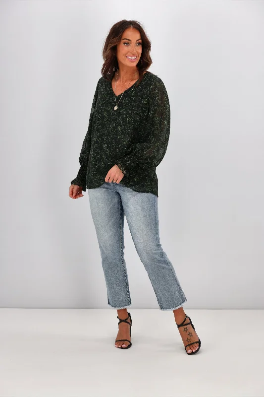 Gloss by Shine On Taneille Blouson Sleeve Top Green Floral