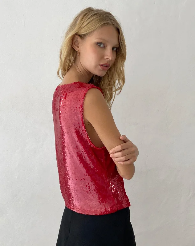 Hala Vest Top in Sequin Red