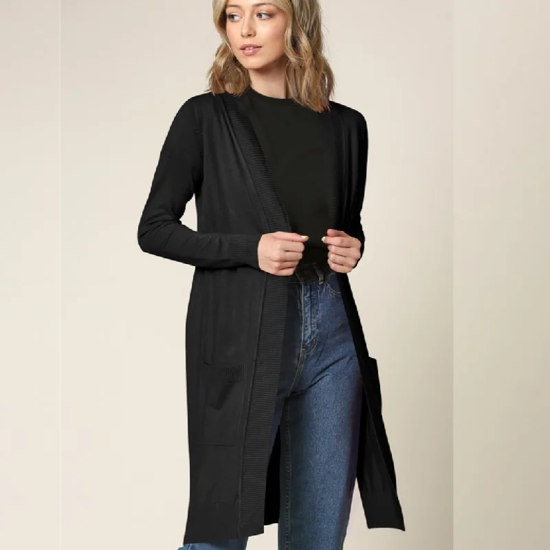 Long Cardigan with Ribbed Detailing & Pockets