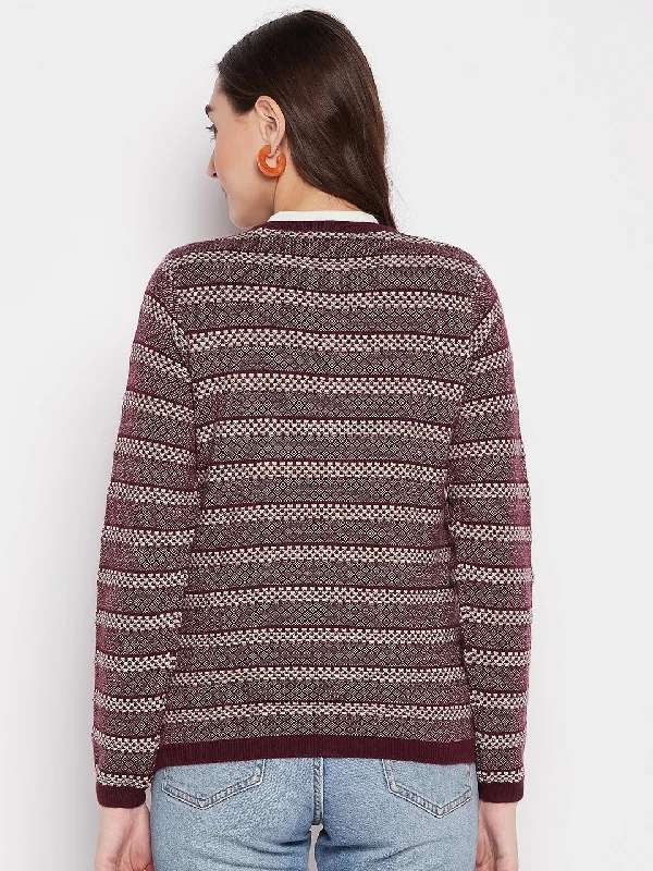 MADAME Wine Striped Cardigan