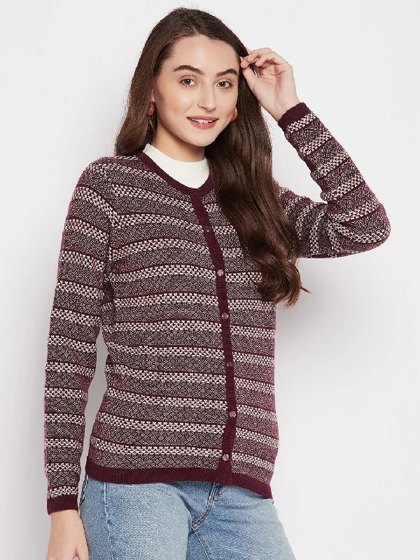 MADAME Wine Striped Cardigan