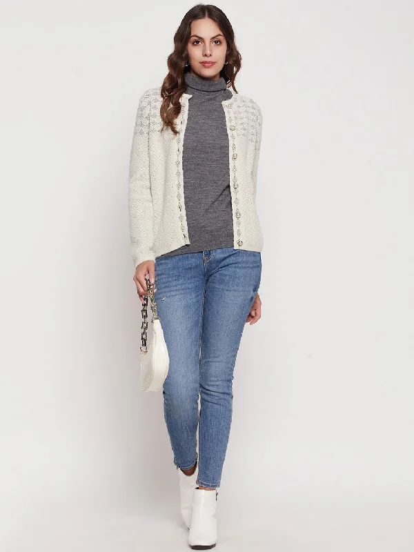 Madame Women Solid Off White Cardigans