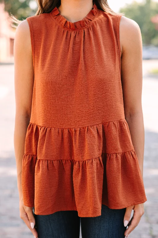 Make It Happen Rust Orange Ruffled Tank