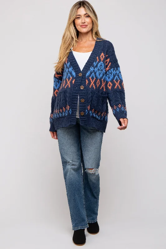 Navy Printed Chunky Cable Knit Maternity Cardigan