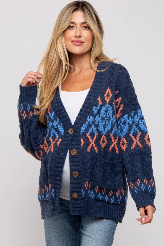 Navy Printed Chunky Cable Knit Maternity Cardigan