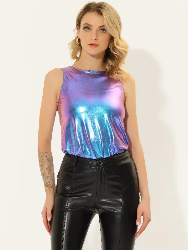 Shiny Sleeveless Camisole Club Shimmer Metallic Tank Top