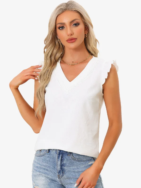 Tank Tops 2024 Elegant V Neck Ruffle Shirts Sleeveless Top