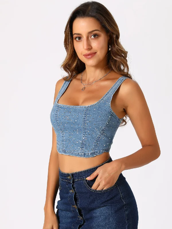 Denim Sleeveless Glitter Bustier Jean Cropped Tank Top