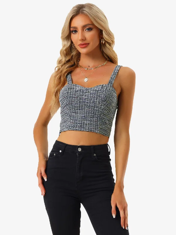 Tweed Plaid Sweetheart Neck Bustier Corset Strap Crop Top