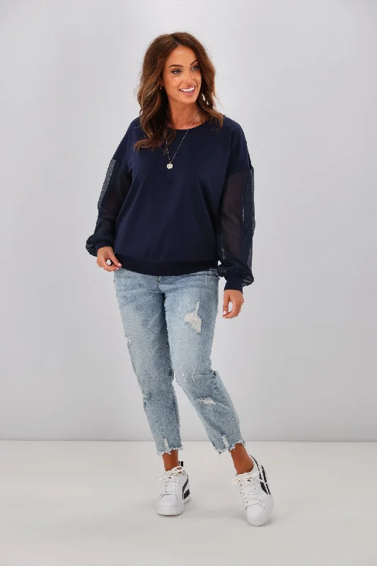 Shine On label Reese Sheer Sleeve Top Blue Check