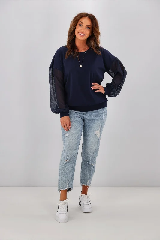 Shine On label Reese Sheer Sleeve Top Blue Check