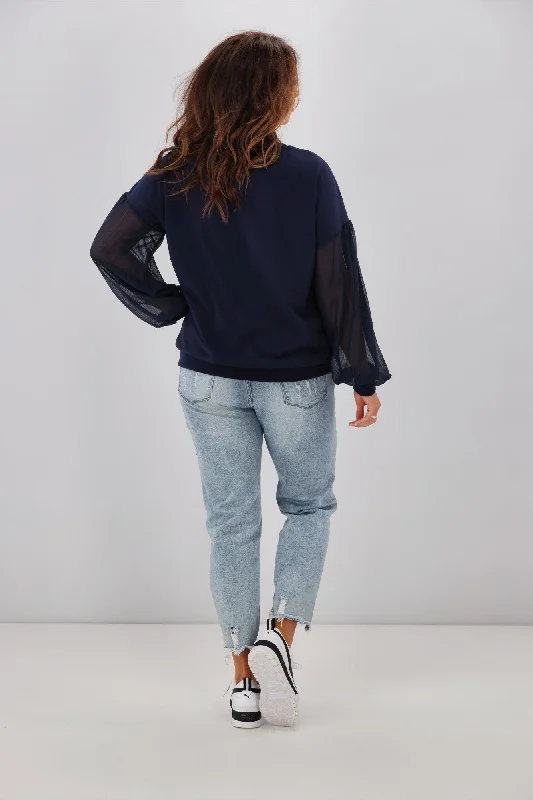 Shine On label Reese Sheer Sleeve Top Blue Check