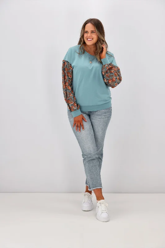 Shine On label Reese Sheer Sleeve Top  Blue Jacquard Floral