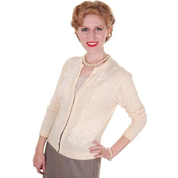 Vintage Cream Wool Beaded Cardigan Sweater 1950s S-M