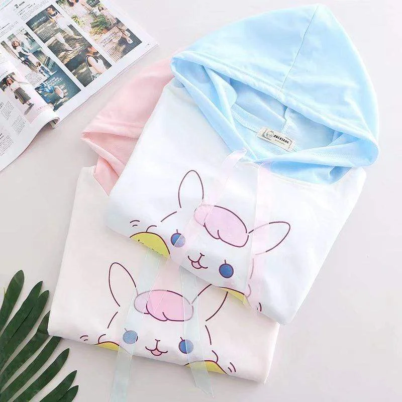 Women's Kawaii Bunny And Japanese Printed Contrast Color Hoodies