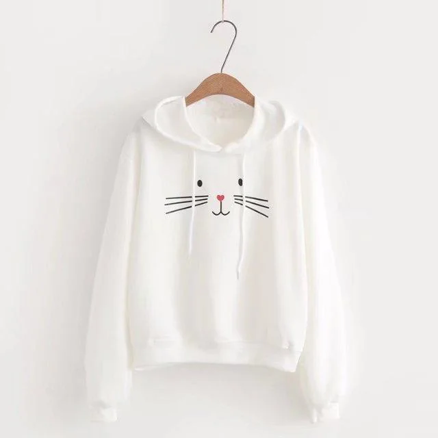 Women's Kawaii Cat Face Printed Pure Color Hoodies