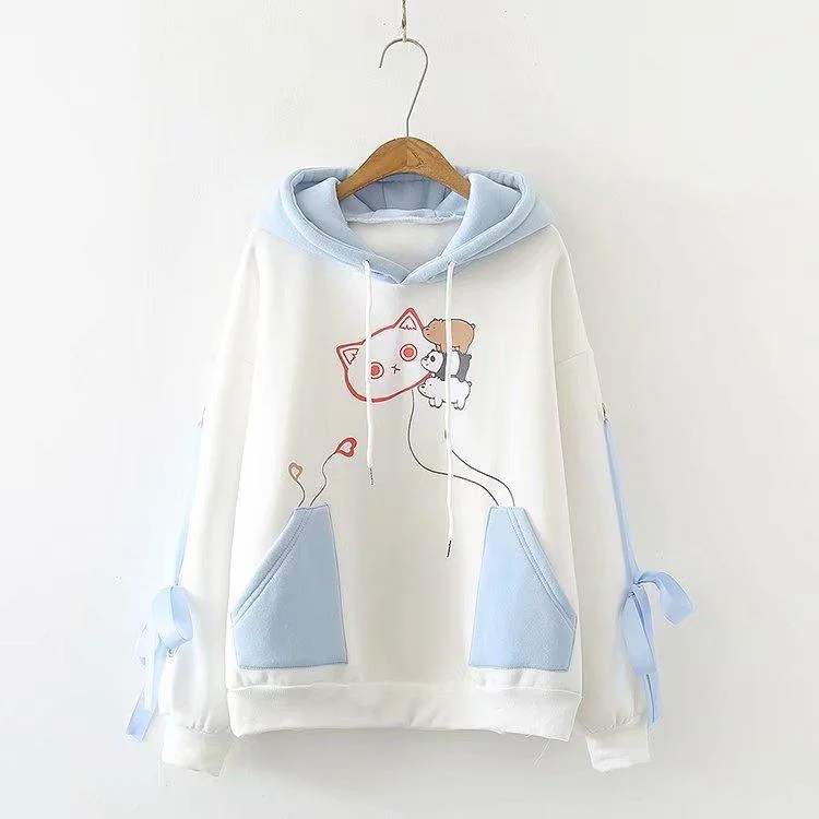 Women's Kawaii Contrast Color Cat And Bears Lace-up Sleeve Hoodies