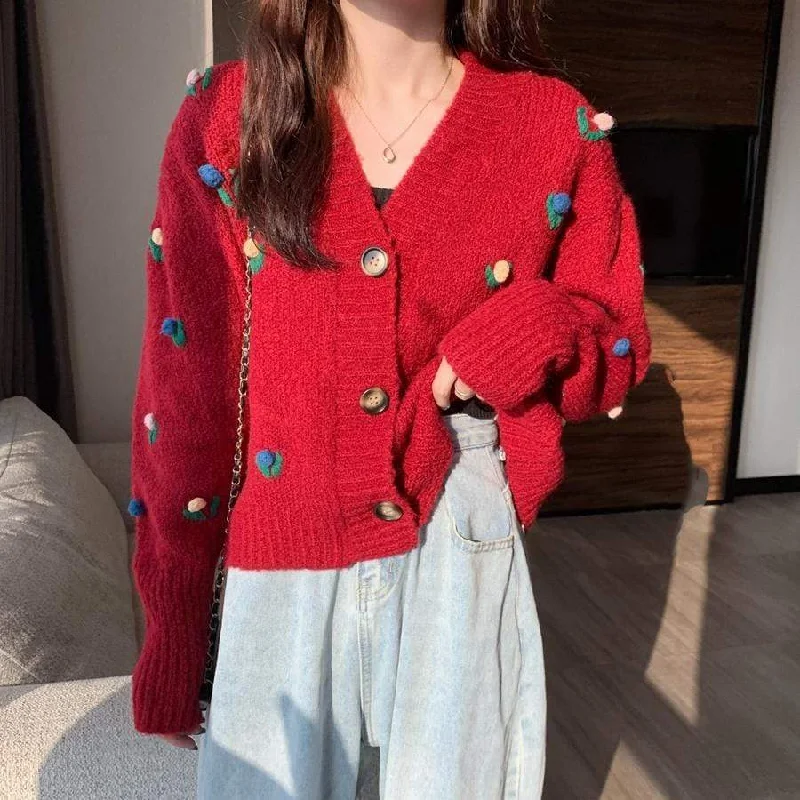 Women's Kawaii Floral Knitted Cardigan