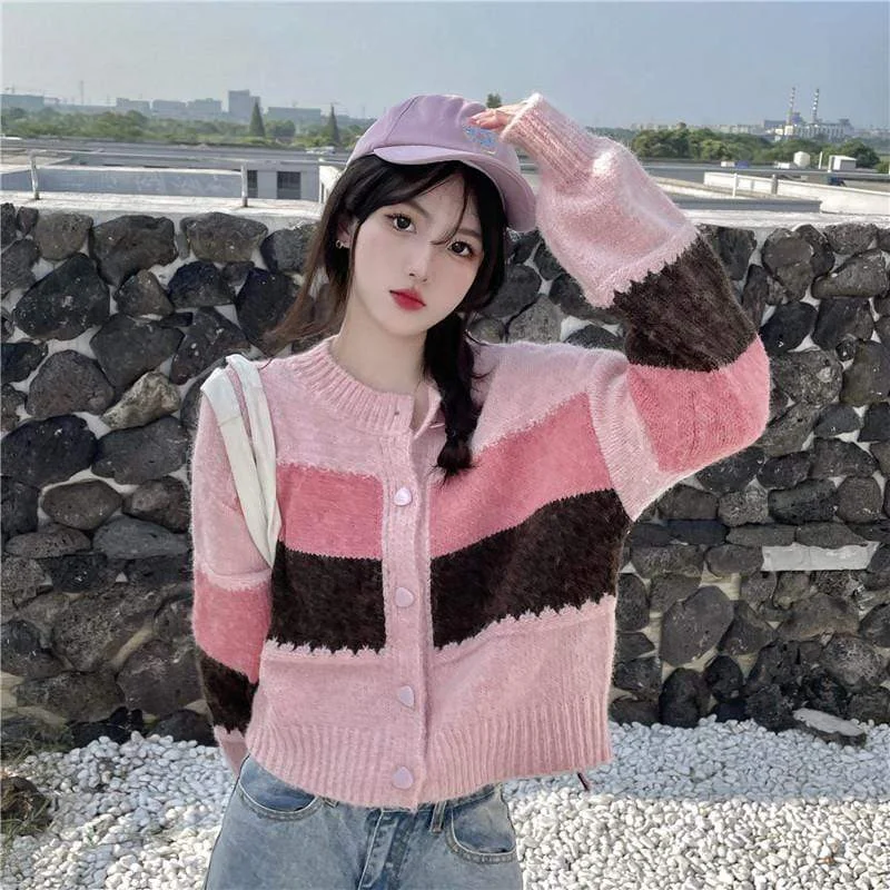 Women's Kawaii Puff Sleeved Double Color Cardigan