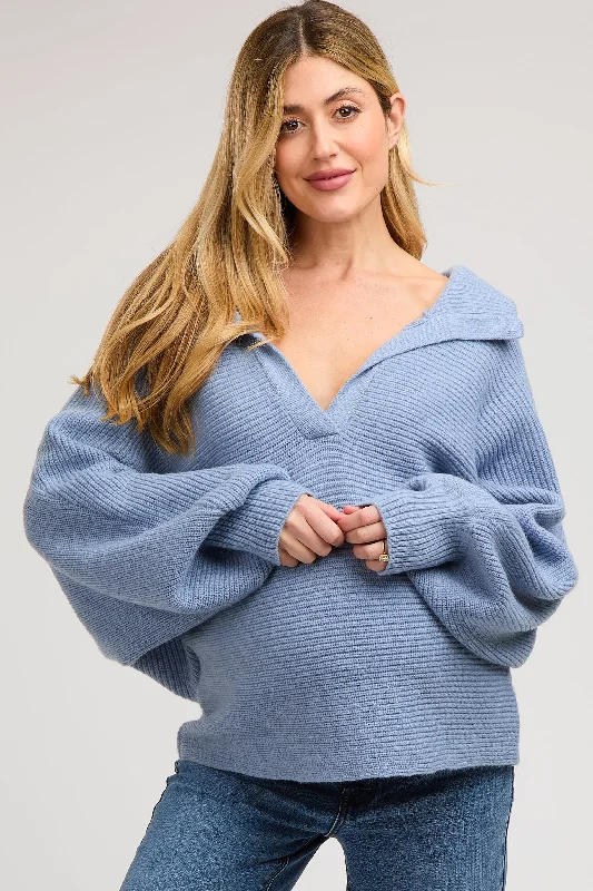 Blue Oversize Collared Knit Maternity Sweater