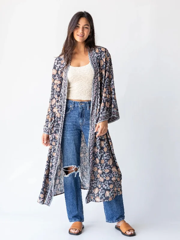 Camila Kimono - Charcoal Light Blue Floral