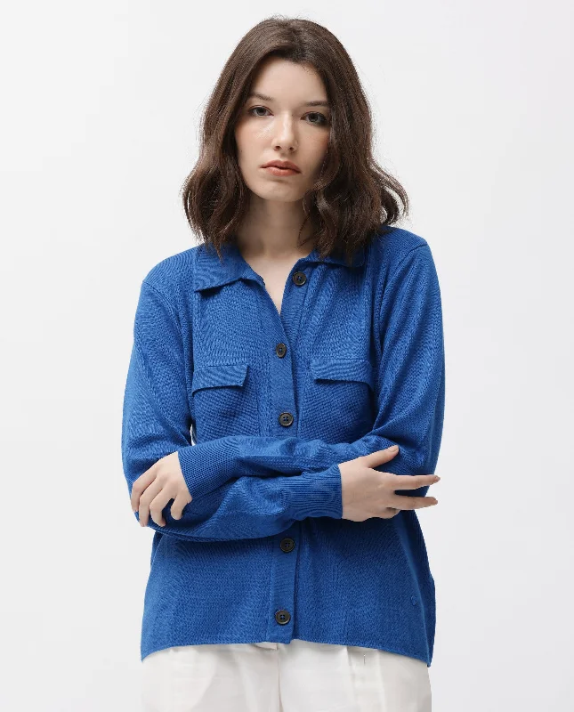 Rareism Women'S Korn Blue Viscose Fabric Full Sleeves Regular Fit Solid Shirt Collar Sweater