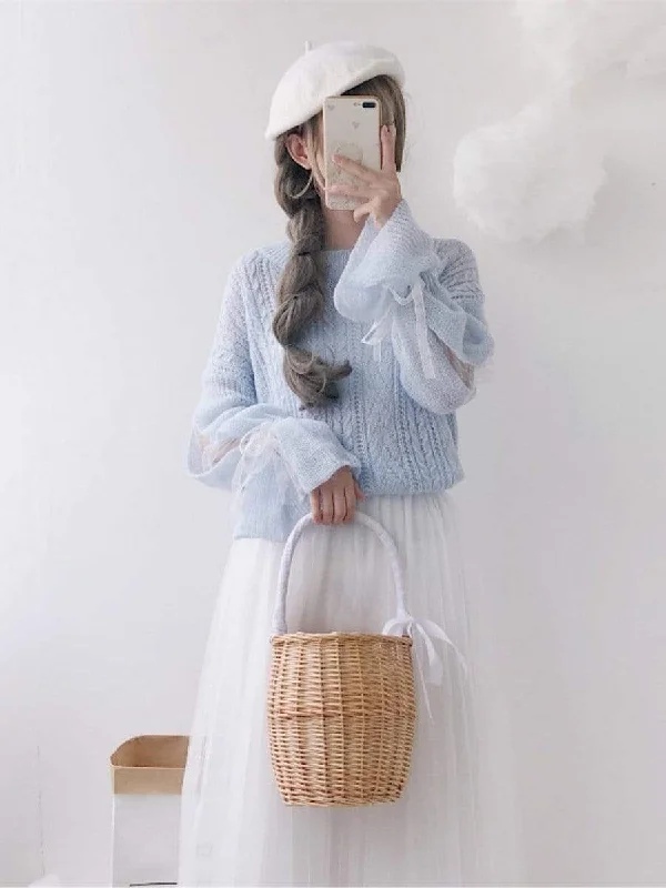 Lace Sleeved Mesh Loose Knitted Tops