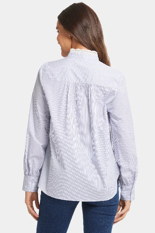 Lace Trimmed Ruffle Neck Blouse - Blue Stripe