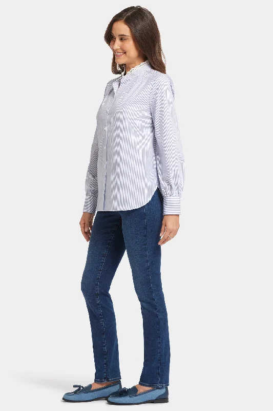 Lace Trimmed Ruffle Neck Blouse - Blue Stripe