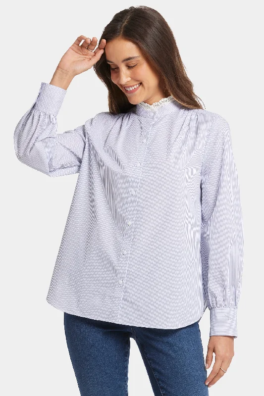 Lace Trimmed Ruffle Neck Blouse - Blue Stripe