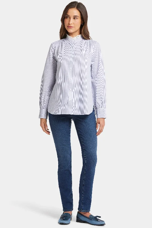 Lace Trimmed Ruffle Neck Blouse - Blue Stripe