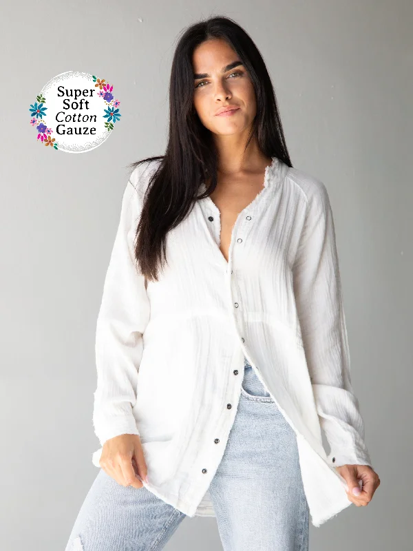 Laid Back Cotton Button Down Top - White