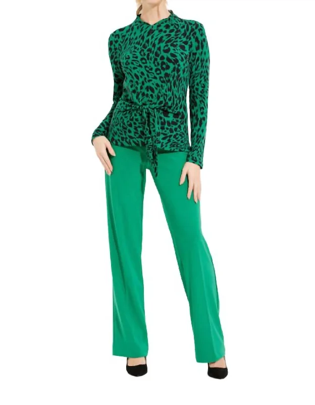 Leopard Print Tie Detail Top In Green/black