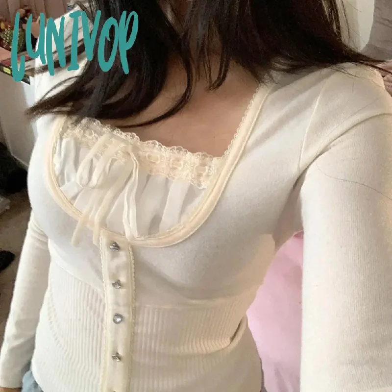 Lunivop Woman Knit T-Shirts Square Neck Tees Long Sleeve Crop Top Tight Bodycon Patchwork Korean All-match Sexy Ballet Core Gyaru