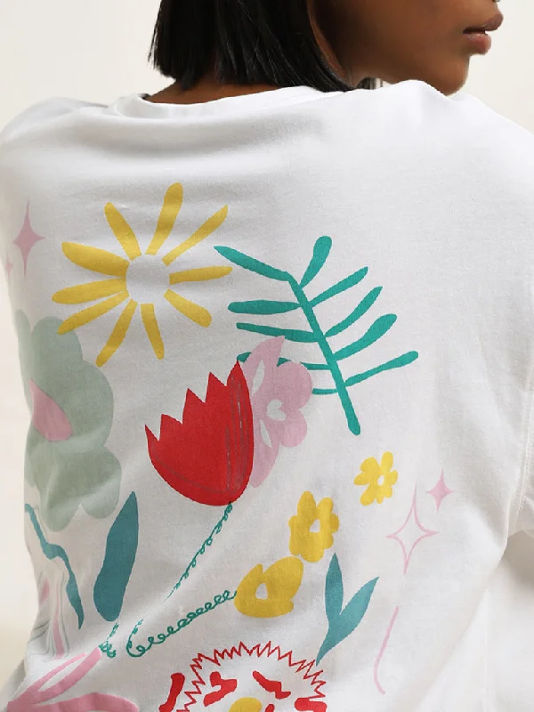 Nuon White Floral Printed Oversized Cotton T-Shirt