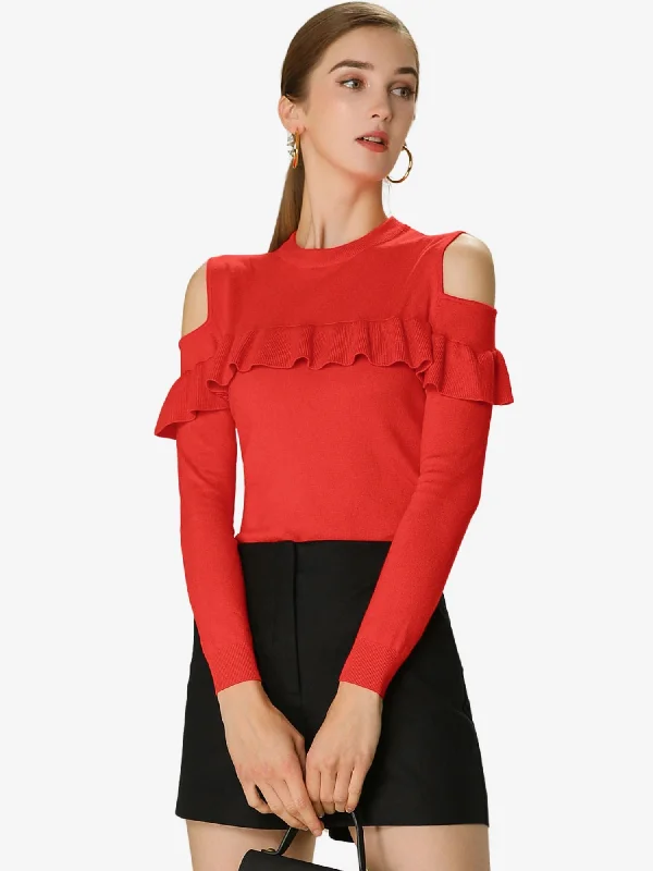 Ruffle Long Sleeve Cold Shoulder KnitPullover Mock Neck Sweater