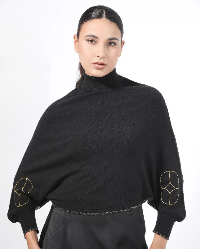 Rareism Women'S Sabel Black Viscose Fabric Full Sleeves Turtle Neck Kimono Sleeve Relaxed Fit Plain Cropped Sweater