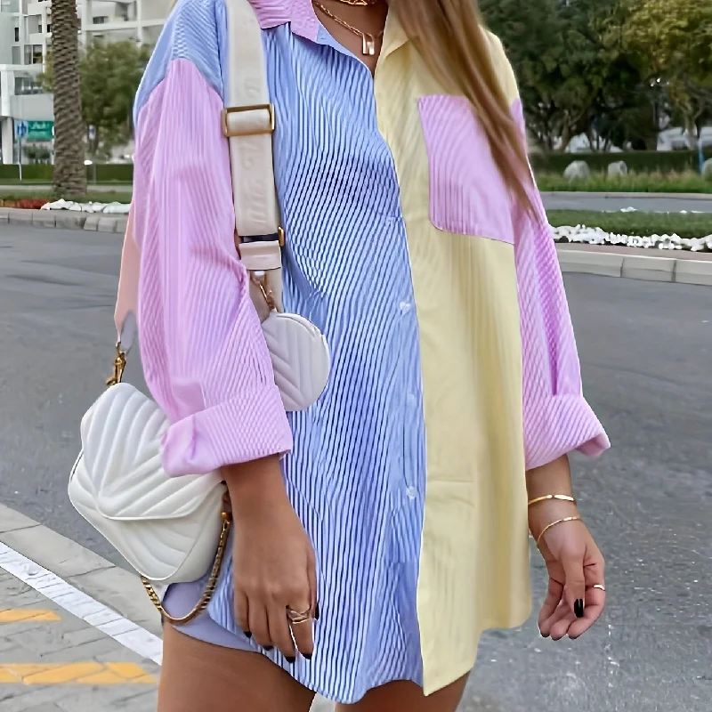 Sixsr Plus Size Casual Blouse, Women's Plus Colorblock Stripe Print Long Sleeve Turn Down Collar Button Up Tunic Shirt Top