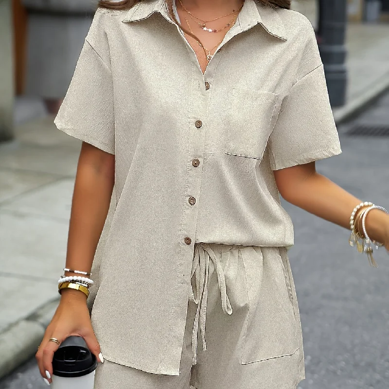 Sixsr Solid Casual Two-piece Set, Button Front Turn Down Collar Mid Length Shirt & Drawstring Elastic Waist Shorts Outfits, Women's Clothing