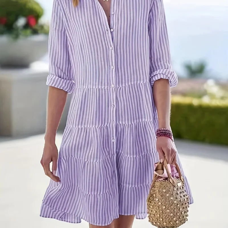 Sixsr Striped Ruffle Layered Hem Shirt Dress, Casual Button Long Sleeve Tiered Dress, Women's Clothing